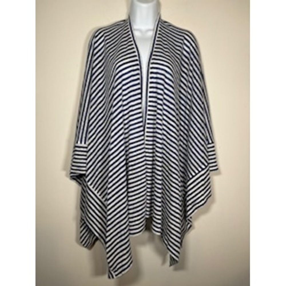 TALBOTS Striped Linen Wrap One Size Blue White Nautical Coastal Cardigan Classic